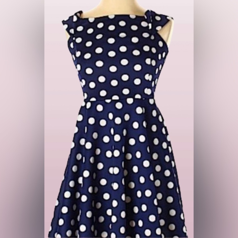 🛥️ POLKA DOT OFF THE SHOULDER Rockabilly Fit & Flare Blue White Dress JR Lg NWT